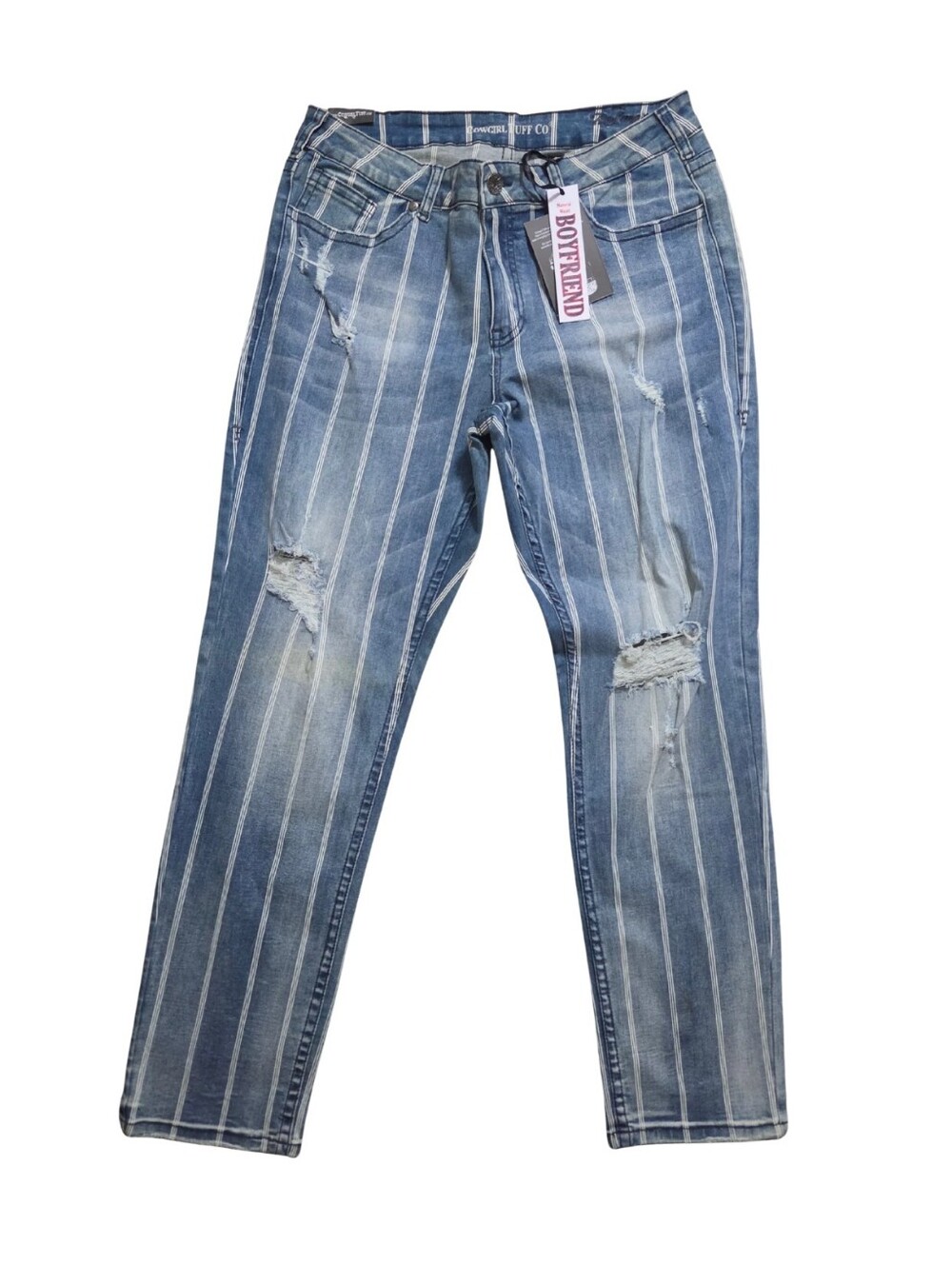 Cowgirl Tuff Boyfriend Jeans Womens 33 Short 33S Striped Distressed Blue Western